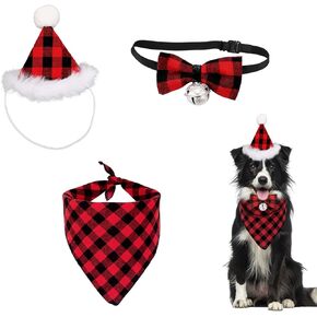 3pcs Pack Dog Christmas Outfit, Plaid Christmas Dog Bandana Plush Hat, Adjustable Bow Tie with Bell, Cute Pet Costume Accessories for Small, Medium, Large Dog & Cat (Green)