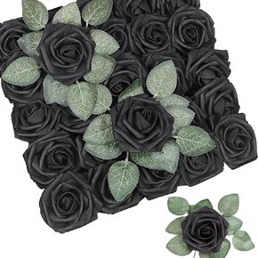 WLT 25Pcs Red Roses Artificial Flowers Bulk, Dark Red Fake Roses Real Looking Foam Rose with Stems for Home Decorations DIY Wedding Bouquets Floral Arrangements Bridal Shower Valentine's Day