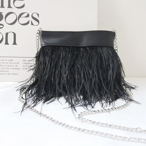 Women Natural Fluffy Ostrich Feather Evening Clutch Purse Shoulder Crossbody Bag in Saudi Arabia