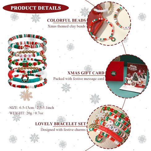 Christmas Beaded Bracelet, Preppy Heishi Bracelets MERRY Letter Stack Vinyl Disc Beads Surfer Stretch Bracelet XMAS Party Decor Festive Cosplay Jewelry Gifts for Her Him in Kuwait
