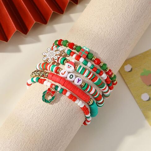 Christmas Beaded Bracelet, Preppy Heishi Bracelets MERRY Letter Stack Vinyl Disc Beads Surfer Stretch Bracelet XMAS Party Decor Festive Cosplay Jewelry Gifts for Her Him in Kuwait
