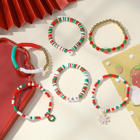 Christmas Beaded Bracelet, Preppy Heishi Bracelets MERRY Letter Stack Vinyl Disc Beads Surfer Stretch Bracelet XMAS Party Decor Festive Cosplay Jewelry Gifts for Her Him in Kuwait