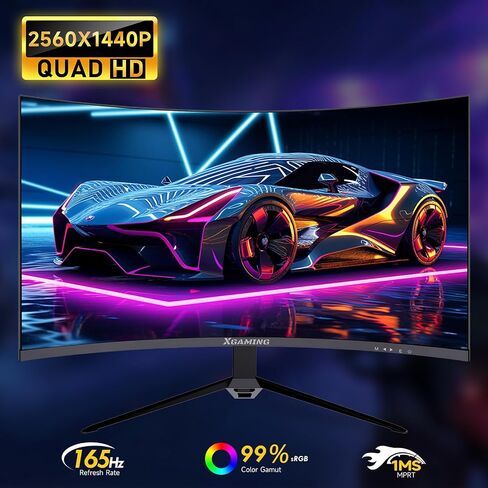 شاشة ألعاب منحنية 27 بوصة، QHD 2560 x 1440p شاشة كمبيوتر 144 هرتز/165 هرتز، شاشة HDR عريضة 16:9، 99%sRGB، FreeSync، 1 مللي ثانية، مكبر صوت مدمج لشاشة الكمبيوتر، 2* HDMI ومنفذ DisplayPort، قابل للإمالة، أسود in Saudi Arabia