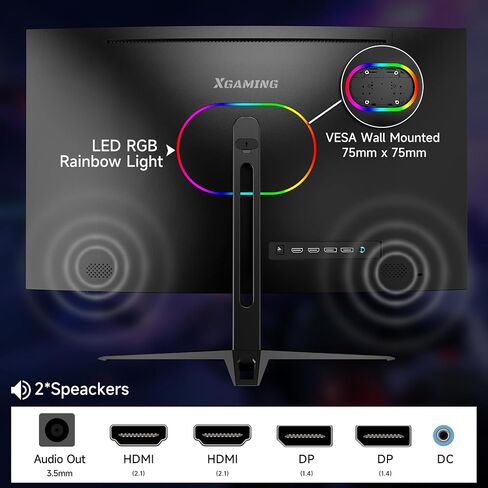 شاشة ألعاب منحنية 27 بوصة، QHD 2560 x 1440p شاشة كمبيوتر 144 هرتز/165 هرتز، شاشة HDR عريضة 16:9، 99%sRGB، FreeSync، 1 مللي ثانية، مكبر صوت مدمج لشاشة الكمبيوتر، 2* HDMI ومنفذ DisplayPort، قابل للإمالة، أسود in Saudi Arabia