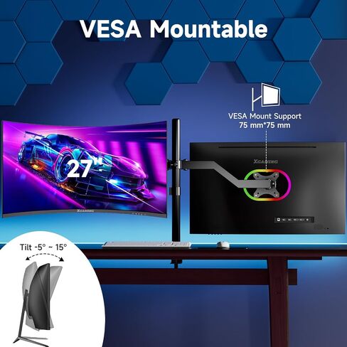 شاشة ألعاب منحنية 27 بوصة، QHD 2560 x 1440p شاشة كمبيوتر 144 هرتز/165 هرتز، شاشة HDR عريضة 16:9، 99%sRGB، FreeSync، 1 مللي ثانية، مكبر صوت مدمج لشاشة الكمبيوتر، 2* HDMI ومنفذ DisplayPort، قابل للإمالة، أسود in Saudi Arabia