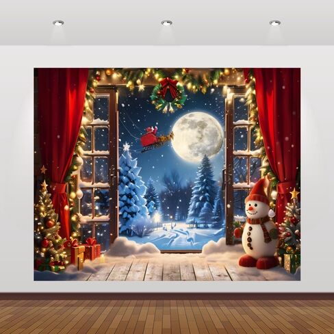 Christmas Backdrop 10x8ft Winter Window Forest Xmas Tree Santa Claus Moon Night Snowman Snow Snowflake Red Curtain Photography Background Merry Christmas Family Holiday Party Banner Decorations in Kuwait