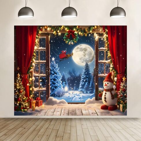 Christmas Backdrop 10x8ft Winter Window Forest Xmas Tree Santa Claus Moon Night Snowman Snow Snowflake Red Curtain Photography Background Merry Christmas Family Holiday Party Banner Decorations in Kuwait