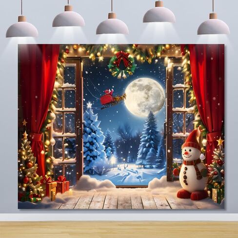 Christmas Backdrop 10x8ft Winter Window Forest Xmas Tree Santa Claus Moon Night Snowman Snow Snowflake Red Curtain Photography Background Merry Christmas Family Holiday Party Banner Decorations in Kuwait