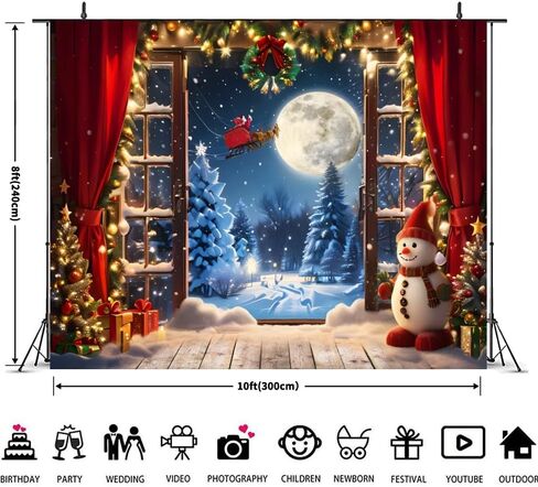 Christmas Backdrop 10x8ft Winter Window Forest Xmas Tree Santa Claus Moon Night Snowman Snow Snowflake Red Curtain Photography Background Merry Christmas Family Holiday Party Banner Decorations in Kuwait