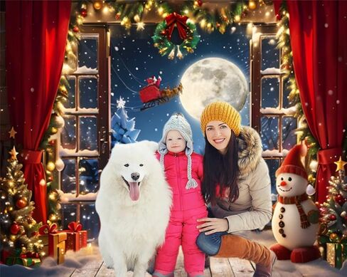 Christmas Backdrop 10x8ft Winter Window Forest Xmas Tree Santa Claus Moon Night Snowman Snow Snowflake Red Curtain Photography Background Merry Christmas Family Holiday Party Banner Decorations in Kuwait