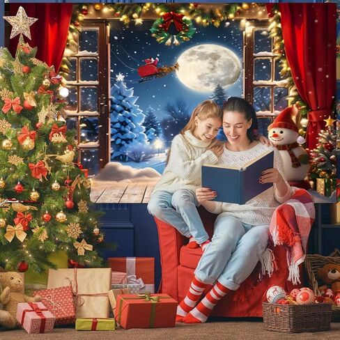 Christmas Backdrop 10x8ft Winter Window Forest Xmas Tree Santa Claus Moon Night Snowman Snow Snowflake Red Curtain Photography Background Merry Christmas Family Holiday Party Banner Decorations in Kuwait
