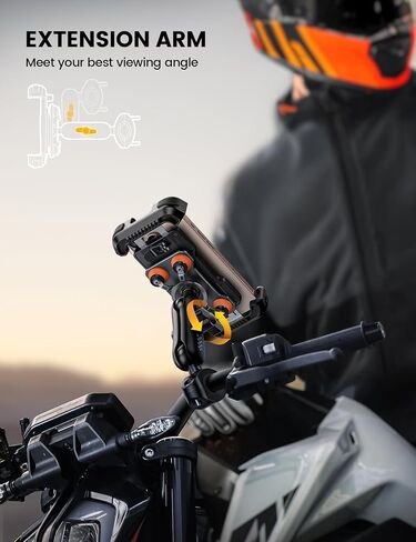 Motorcycle Phone Mount Holder - [Metal Extension Arm] [Dual Vibration Dampener] Motorcycle Cell Phone Mount, Bike Phone Handlebar Clamp for iPhone 16 15 14 13 Pro Max Plus, 4.7-6.7" Smartphone in Saudi Arabia