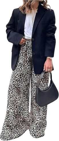MakeMeChic Women's Leopard Print Pants Elastic Waist Lounge Pants Wide Leg Loose Long Pajama Pants in Kuwait