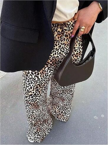 MakeMeChic Women's Leopard Print Pants Elastic Waist Lounge Pants Wide Leg Loose Long Pajama Pants in Kuwait
