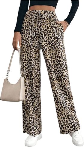 MakeMeChic Women's Leopard Print Pants Elastic Waist Lounge Pants Wide Leg Loose Long Pajama Pants in Kuwait
