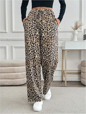 MakeMeChic Women's Leopard Print Pants Elastic Waist Lounge Pants Wide Leg Loose Long Pajama Pants in Kuwait