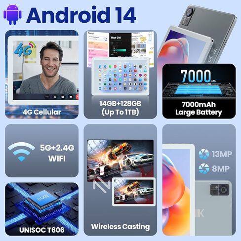 2025 Latest Android 14 Tablet 4G Cellular, 5G WIFI Tablet 14GB RAM(8GB+6GB)+128GB ROM+1TB Expandable, Tablet 10.1 Inch Incell Screen, 2 in 1 Tablet Octa-Core 7000mAh Battery, Bluetooth/GPS/13MP+8MP in Kuwait