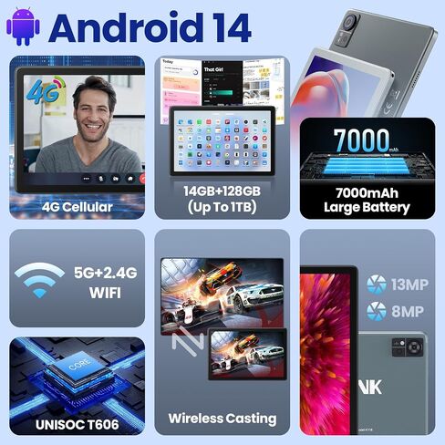 2025 Latest Android 14 Tablet 4G Cellular, 5G WIFI Tablet 14GB RAM(8GB+6GB)+128GB ROM+1TB Expandable, Tablet 10.1 Inch Incell Screen, 2 in 1 Tablet Octa-Core 7000mAh Battery, Bluetooth/GPS/13MP+8MP in Kuwait