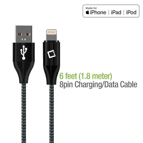 كابل شحن USB Lightning متوافق مع أجهزة iPhone 14 Pro Max Mini SE 13 12 11 XS XR X iPod وiPad Pro Air Mini كابل مضفر (مصنوع لهاتف iPhone) معتمد من Apple MFI (6 أقدام أسود) in Kuwait