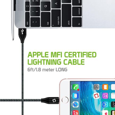 كابل شحن USB Lightning متوافق مع أجهزة iPhone 14 Pro Max Mini SE 13 12 11 XS XR X iPod وiPad Pro Air Mini كابل مضفر (مصنوع لهاتف iPhone) معتمد من Apple MFI (6 أقدام أسود) in Kuwait