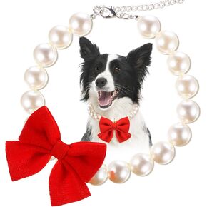 LEIFIDE Chunky Pearl Dog Necklace with Red Bow 20mm Large Bead Pearl Dog Collar Big Pearl Collar Adjustable Necklace Jewellery Accessories for Medium Large Dog Clothing Outfit Xmas Gift(18 Inch Long)
