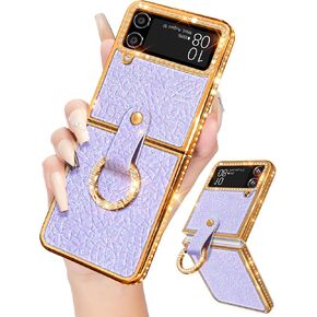 Shorogyt for Samsung Galaxy Z Flip 5 Case, Luxury Leather Diamond Z Flip 5 Cases for Women Girls, Elegant Girly Glitter Bling Rhinestone Soft Rhomboid PU & Hard PC Plated Phone Case for Flip 5 Black