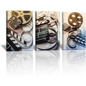 3 Piece Film and Camera Canvas Wall Decor Filmmaking Concept Scene Clapper Picture Modern Home Art Home Movie Theater Media Room Bar Pub Stretched and Framed Ready to Hang 16"x 24"x3 PCS