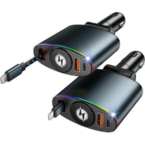 [2 Pack] Retractable Car Charger,[66W] Car Charger USB C Fast Charge,Car Charger Adapter with Retractable Charger Cables and USB Ports for iPhone 16/15/14/13/12,Car Accessories for Men