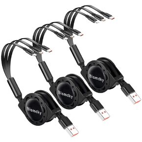 3 Pack 3 in 1 Multi USB Retractable Fast Charger Cable,Multiple Charging Cord Adapter with IP/Micro USB/Type C Port Adapter, Fast Charging Compatible with Cell Phones Tablets Universal Use