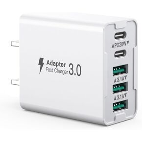 USB C Charger, 50W 5-Port USB C Charger Block, Fast Charging Block Dual Port PD+QC Wall Plug Multiport Type C Compatible with iPhone 12/13/14/15/Pro Max/XS/XR/8/7/SmartPhone/Tablet