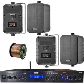 Pyle Home Theater Amplifier Audio Bluetooth MP3/USB/SD/AUX/FM Receiver, with 4X Enrock Audio Systems 4-Inch 3-Way in Door/Out Door Box-Speaker (Black), Enrock Audio 16-Gauge 50 Foot Speaker Wire in Kuwait