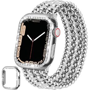 Stainless Steel Beaded Bracelet & Case for Apple Watch Band 40mm 38mm 41mm 42mm 44mm 45mm Women, Handmade Dressy Cute iPhone Watch Bands Stretchy Fashion Straps for iWatch Series 9 8 7 6 5 4 3 2 1 SE in Kuwait