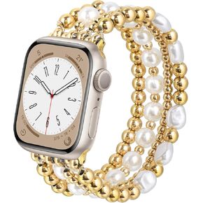 AIRSPO Gold Beaded Bracelets Compatible for Apple Watch Band 38mm 40mm 41mm Women, 14K Gold Plated Bead iPhone Watch Bands Elastic Stretchy Strap for iWatch Series SE 8 7 6 5 4 3 2 1,Large