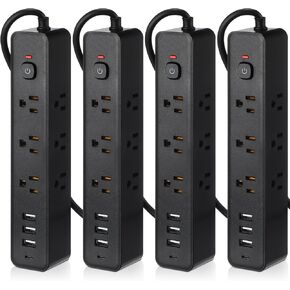 4 Pcs 3-Sided Power Strip Surge Protector with 9 Widely AC Outlets 3 USB Ports 1 Type C Port 5 Ft Extension Cord Flat Plug Wall Mount Overload Protection Desk Charging for Home Office(White)