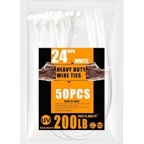 Ultra Heavy Duty 200Pounds Tensile Strength 24 Inchx0.39 Inch 100 pcs, Large Cable Ties Extra Long Tie Wraps Multi-Purpose UV Resistant, White Zip Ties for Indoor and Outdoor Use