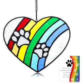 2Pcs Stained Glass Heart Paw Print Dog Memorial Gifts for Loss of Dog Memorial Suncatcher 6.69 x 5.71 with Sympathy Poem Card Rainbow Bridge Pet Sympathy Gifts Bereavement Decor for Dog Lover