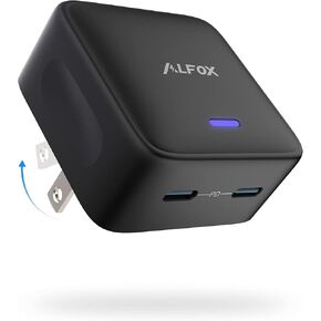 35W Dual USB-C Port Compact Power Adapter, Alfox PD 3.0 GaN PPS Type C Fast Charging Block with Foldable Plug and LED Indicato