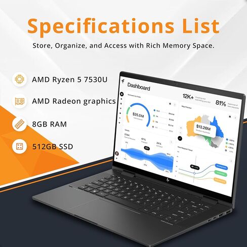 كمبيوتر محمول HP Envy x360 2 في 1 بشاشة لمس FHD مقاس 15.6 بوصة، AMD Ryzen 5 7530U، ذاكرة الوصول العشوائي 8 جيجابايت، 512 جيجابايت SSD، رسومات AMD Radeon، لوحة مفاتيح بإضاءة خلفية، Windows 11، Nightfall Black (متجدد) in Saudi Arabia