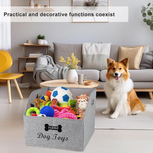 Large Dog Toy Basket Fabric Dog Toy Bin Collapsible Gray Dog Toy Box Trapezoid Dog Toy Storage for organizing Dog Chew Toys/Blankets/Leashes/Treats-Dog Storage Organizer-Can be Personalized in Saudi Arabia