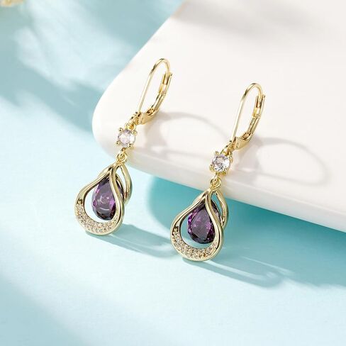 Dangle Earrings Trendy Leverback Birthstone Earrings 14K White Gold Teardrop Dangle Earrings Fine Jewelry Birthday Christmas Gifts for Women in Kuwait
