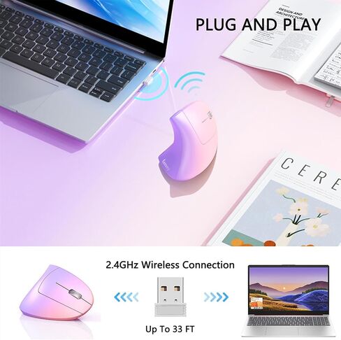 Lekvey Ergonomic Vertical Wireless Mouse, Rechargeable 2.4GHz Optical Ergo Mice with USB Receiver, 800/1200/1600 DPI, Cordless Carpal Tunnel Mouse for Laptop, Computer, PC - Gradient Pink Lavender in Saudi Arabia