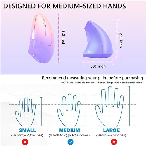 Lekvey Ergonomic Vertical Wireless Mouse, Rechargeable 2.4GHz Optical Ergo Mice with USB Receiver, 800/1200/1600 DPI, Cordless Carpal Tunnel Mouse for Laptop, Computer, PC - Gradient Pink Lavender in Saudi Arabia
