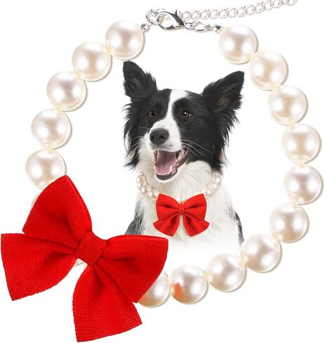 LEIFIDE Chunky Pearl Dog Necklace with Red Bow 20mm Large Bead Pearl Dog Collar Big Pearl Collar Adjustable Necklace Jewellery Accessories for Medium Large Dog Clothing Outfit Xmas Gift(18 Inch Long) in Saudi Arabia
