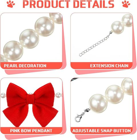 LEIFIDE Chunky Pearl Dog Necklace with Red Bow 20mm Large Bead Pearl Dog Collar Big Pearl Collar Adjustable Necklace Jewellery Accessories for Medium Large Dog Clothing Outfit Xmas Gift(18 Inch Long) in Saudi Arabia