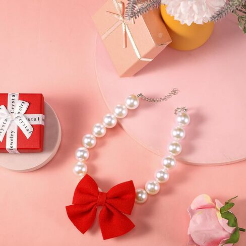 LEIFIDE Chunky Pearl Dog Necklace with Red Bow 20mm Large Bead Pearl Dog Collar Big Pearl Collar Adjustable Necklace Jewellery Accessories for Medium Large Dog Clothing Outfit Xmas Gift(18 Inch Long) in Saudi Arabia