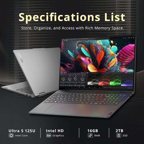 لينوفو يوجا 7i 2 في 1 16 بوصة 2 كيه كمبيوتر محمول بشاشة لمس، انتل الترا 5 125U، 16 جيجا LPDDR5X، 1 تيرابايت PCIe SSD، لوحة مفاتيح بإضاءة خلفية، قارئ بصمات الأصابع، كاميرا ويب FHD، واي فاي 6E، ويندوز 11 برو، رمادي (متجدد) in Saudi Arabia