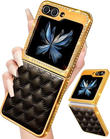 Shorogyt for Samsung Galaxy Z Flip 5 Case, Luxury Leather Diamond Z Flip 5 Cases for Women Girls, Elegant Girly Glitter Bling Rhinestone Soft Rhomboid PU & Hard PC Plated Phone Case for Flip 5 Black in Kuwait