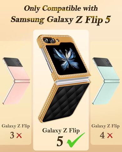 Shorogyt for Samsung Galaxy Z Flip 5 Case, Luxury Leather Diamond Z Flip 5 Cases for Women Girls, Elegant Girly Glitter Bling Rhinestone Soft Rhomboid PU & Hard PC Plated Phone Case for Flip 5 Black in Kuwait