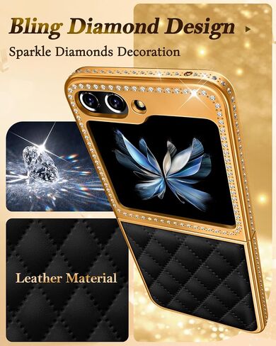 Shorogyt for Samsung Galaxy Z Flip 5 Case, Luxury Leather Diamond Z Flip 5 Cases for Women Girls, Elegant Girly Glitter Bling Rhinestone Soft Rhomboid PU & Hard PC Plated Phone Case for Flip 5 Black in Kuwait