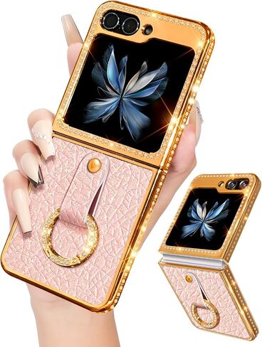 Shorogyt for Samsung Galaxy Z Flip 5 Case, Luxury Leather Diamond Z Flip 5 Cases for Women Girls, Elegant Girly Glitter Bling Rhinestone Soft Rhomboid PU & Hard PC Plated Phone Case for Flip 5 Black in Kuwait